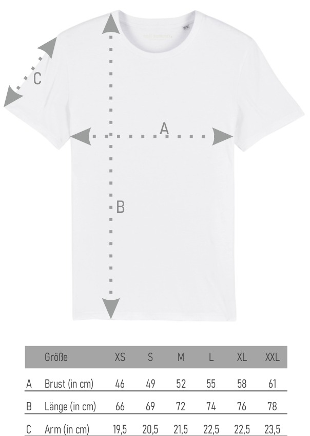 Größentabelle für alle Unisex-T-Shirts vom Fashion Label "next summer".